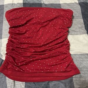 Y2K Red Strapless Top with White Rhime stone Dots
